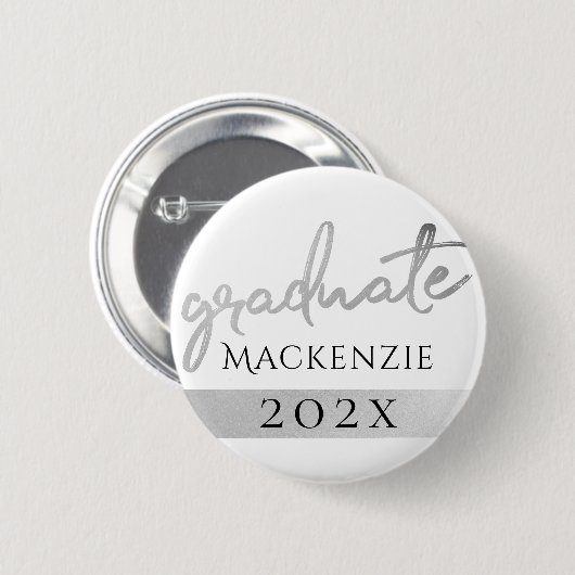 Afstuderen Silver-script | Trendy Faux Metallic Ronde Button 5,7 Cm (Voorkant /achterkant)
