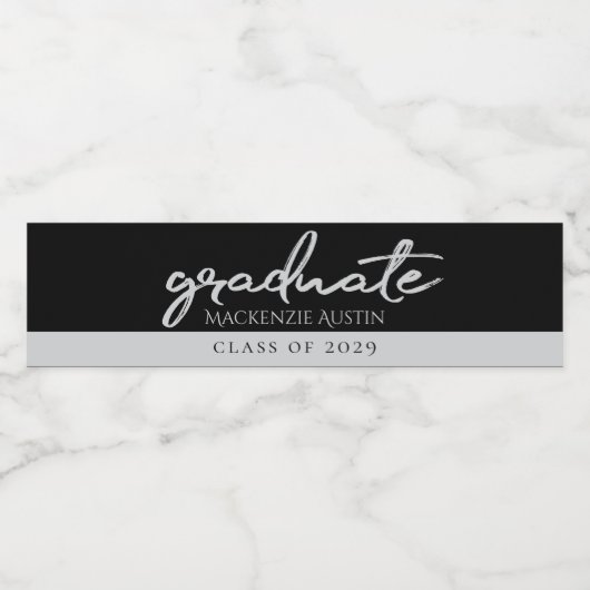 Afstuderen Silver-script | Trendy Faux Metallic Waterfles Etiket (Enkel label)