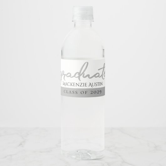 Afstuderen Silver-script | Trendy Faux Metallic Waterfles Etiket (Voorkant)