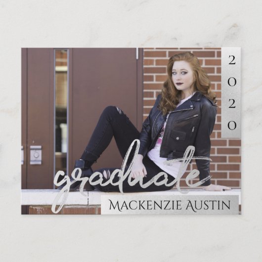 Afstuderen Silver-script | Trendy foto uitnodiging Briefkaart (Voorkant)