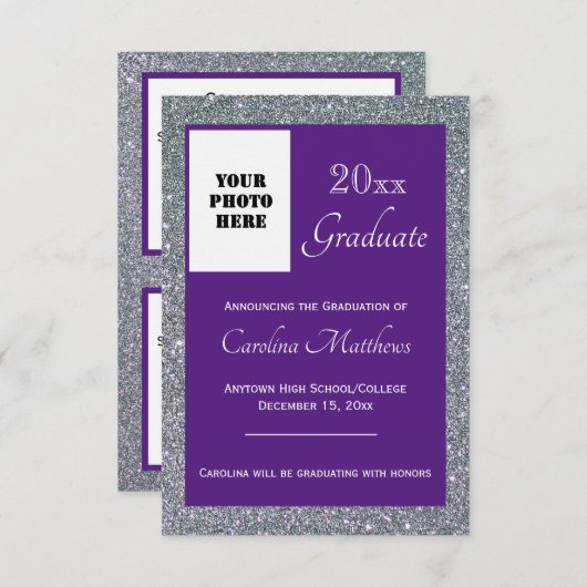 Afstuderen Silver Sparkle Paarse Aankondiging (Voorkant / Achterkant)