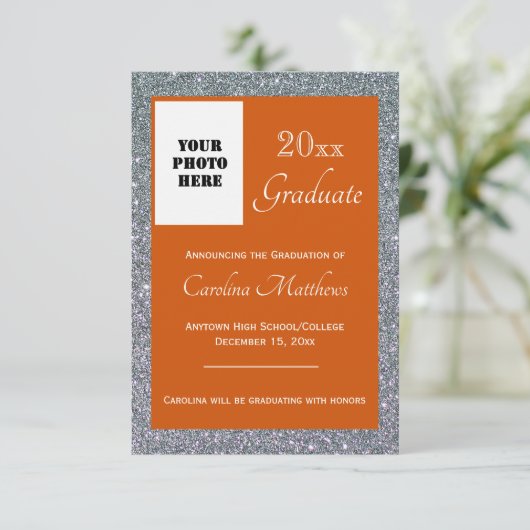 Afstuderen Silver Sparkle Sinaasappel Aankondiging (Staand voorkant)