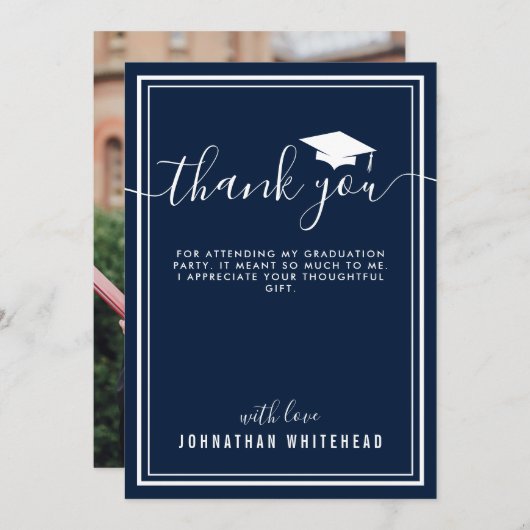 Afstuderen Simple Photo Navy Blue Bedankkaart (Voorkant / Achterkant)