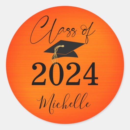 Afstuderen Sinaasappel Zwart Pet Script Faux Metal Ronde Sticker (Voorkant)