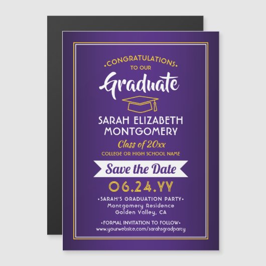 Afstuderen Sla de datum Paars en Geel op Magnetische Uitnodiging (Voorkant / Achterkant)
