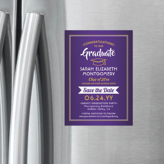 Afstuderen Sla de datum Paars en Geel op Magnetische Uitnodiging