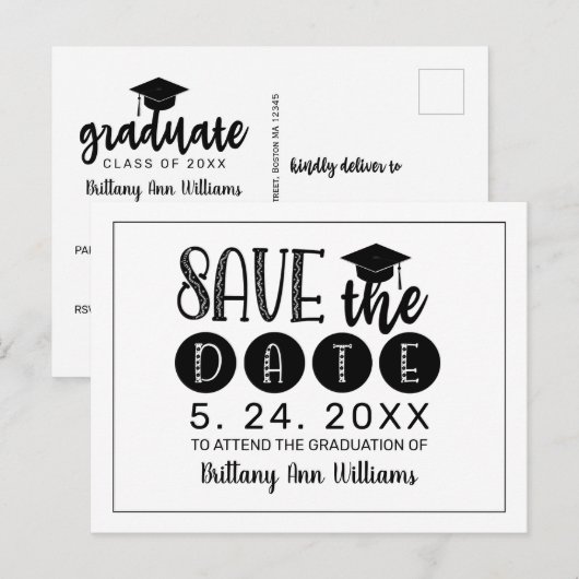 Afstuderen Sla de datum zwarte Typografie wit op Aankondigingskaart (Voorkant / Achterkant)