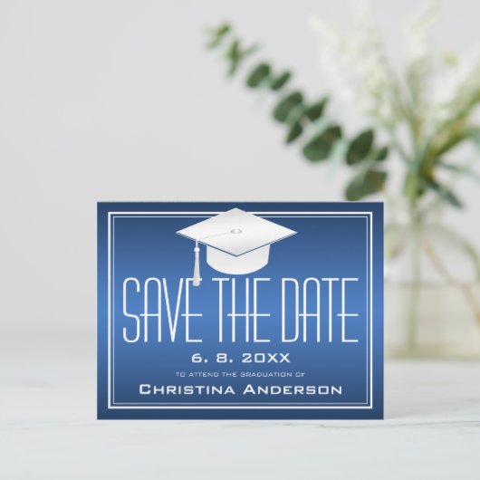 Afstuderen Sparen de Datum Chic Blauw Pet van het  Aankondigingskaart (Staand voorkant)