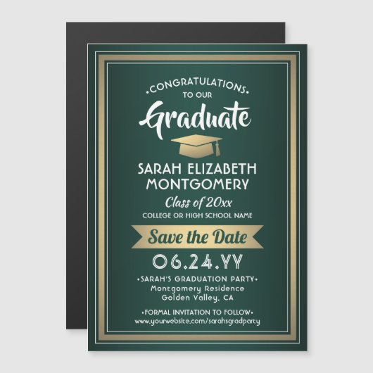 Afstuderen Sparen de Datum Elegant Groen Goud Magnetische Uitnodiging (Voorkant / Achterkant)