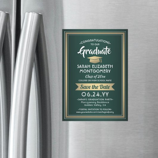 Afstuderen Sparen de Datum Elegant Groen Goud Magnetische Uitnodiging