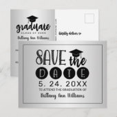 Afstuderen Sparen de Datum Zwarte Typografie Silve Aankondigingskaart (Voorkant / Achterkant)
