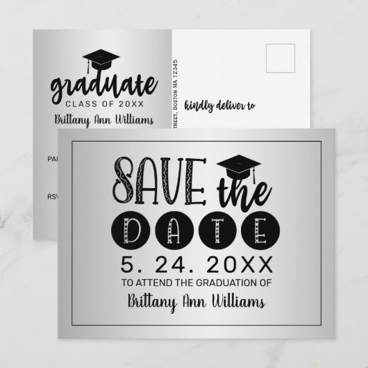 Afstuderen Sparen de Datum Zwarte Typografie Silve Aankondigingskaart (Voorkant / Achterkant)