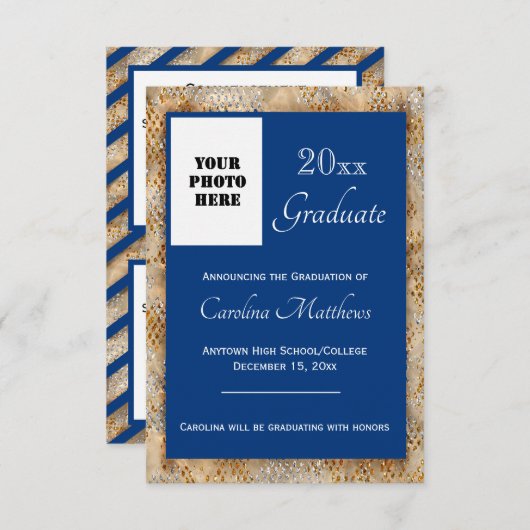 Afstuderen Sparkle Stripes Blauw Afstuderen Aankondiging (Voorkant / Achterkant)