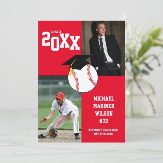 Afstuderen sport Rood Foto aankondiging honkbal (Staand voorkant)