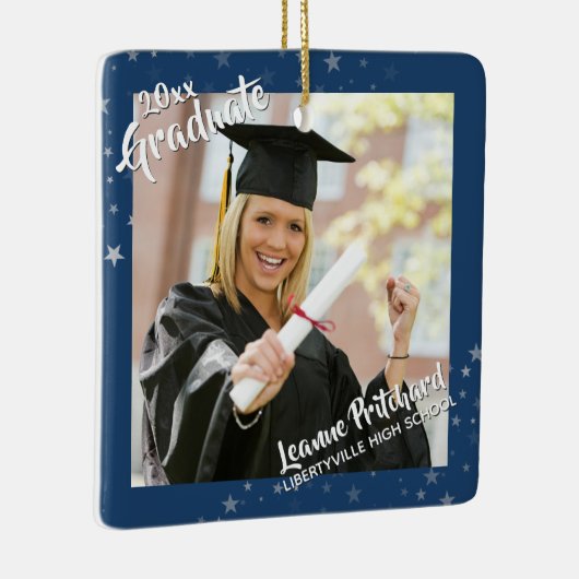 Afstuderen sterren Editable Blue Two-Photo Keramisch Ornament (Rechts)