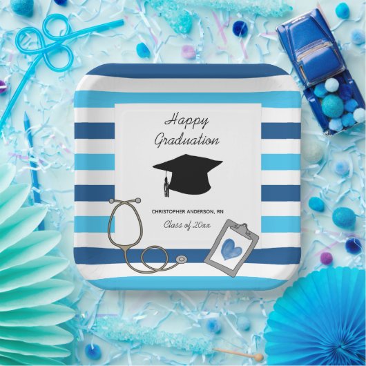 Afstuderen Striped Blue Nursing School Papieren Bordje (Feest)