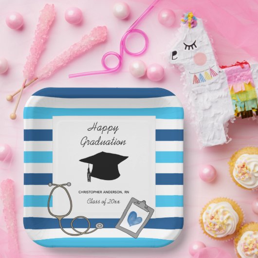Afstuderen Striped Blue Nursing School Papieren Bordje (Feest)