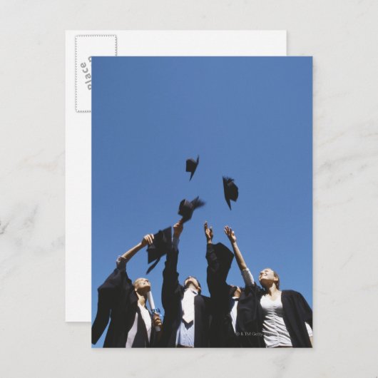 Afstuderen studenten die mortierplanken gooien, aankondigingskaart (Voorkant / Achterkant)