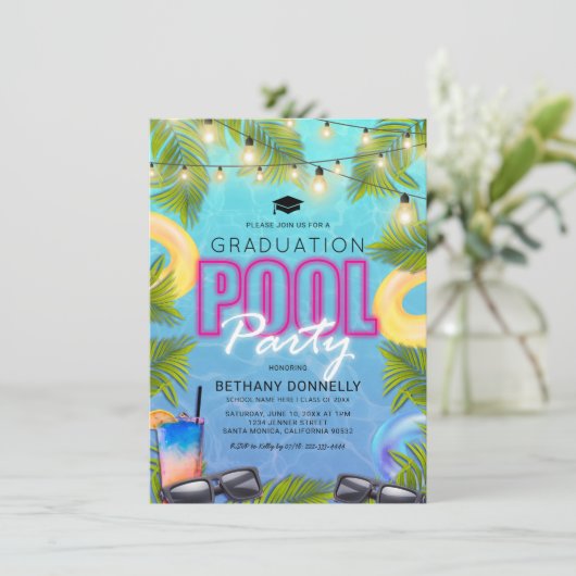 Afstuderen Summer Pool Party Invitation Kaart (Staand voorkant)