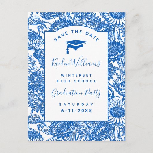 Afstuderen Sunflower Blue Save the Date Briefkaart (Voorkant)