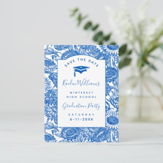 Afstuderen Sunflower Blue Save the Date Briefkaart (Staand voorkant)