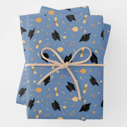 Afstuderen Thema met Pet, Diploma, Ballonnen Blauw Inpakpapier Vel (In situ)