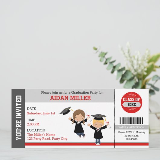 Afstuderen Ticket Invitations (Cute Boy Girl) Kaart (Staand voorkant)