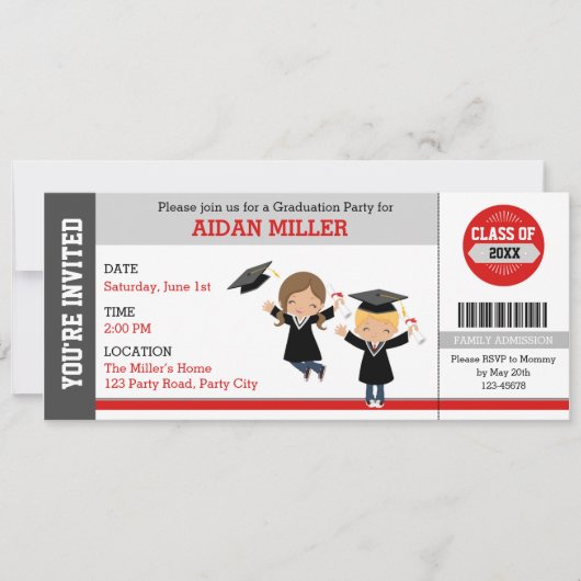 Afstuderen Ticket Invitations (Cute Boy Girl) Kaart (Voorkant)