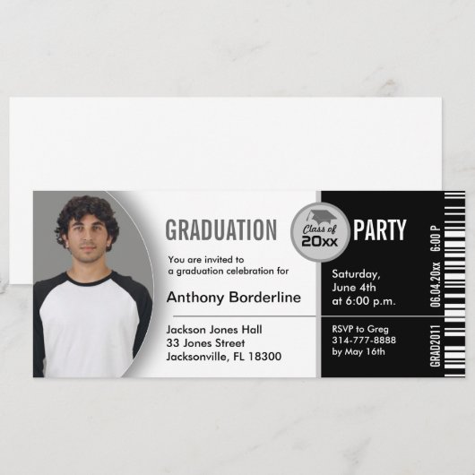 Afstuderen Ticket Party Invitation TKT313 Black Kaart (Voorkant / Achterkant)