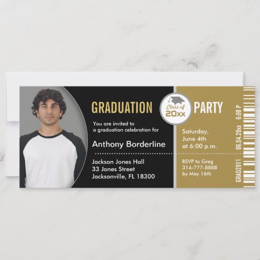 Afstuderen Ticket Party Invitation TKT313 Gold Kaart (Voorkant)