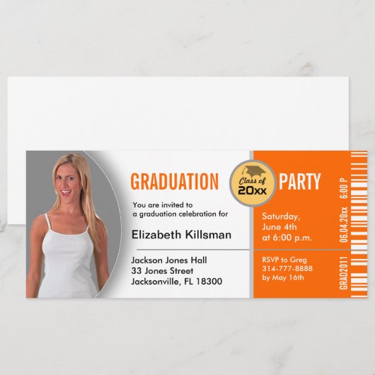 Afstuderen Ticket Party Invitation TKT313 Oranje Kaart (Voorkant / Achterkant)