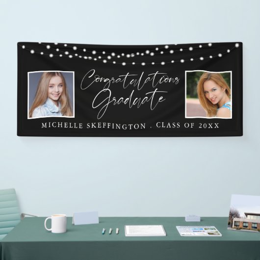 Afstuderen Toen en Nu Foto's String Lights Zwart Spandoek (Beurs)