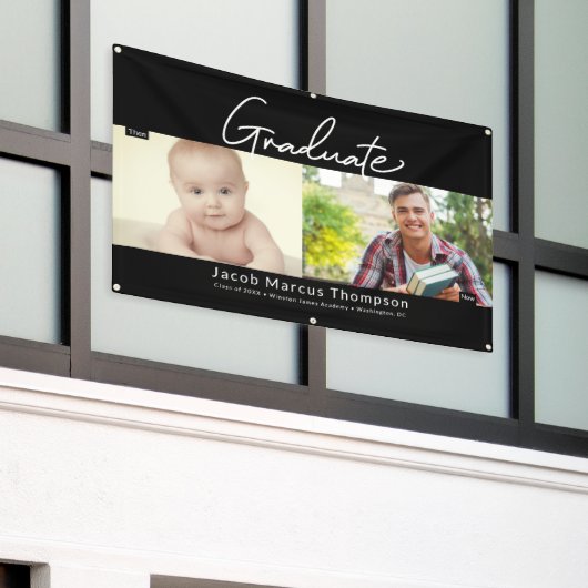 Afstuderen Toen en Nu Man Afstudeerder Custom foto Spandoek (Buitenkant Gebouw)