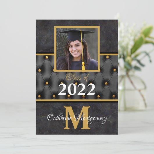 Afstuderen Traditional Black and Gold Tufted Invit Kaart (Staand voorkant)