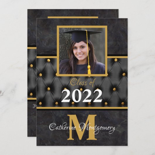 Afstuderen Traditional Black and Gold Tufted Invit Kaart (Voorkant / Achterkant)