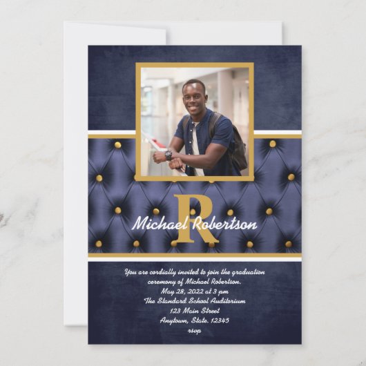 Afstuderen Traditional Navy Gold Tufted Invitation Kaart (Achterkant)