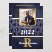 Afstuderen Traditional Navy Gold Tufted Invitation Kaart (Voorkant / Achterkant)