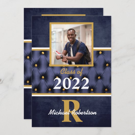 Afstuderen Traditional Navy Gold Tufted Invitation Kaart (Voorkant / Achterkant)