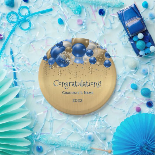 Afstuderen Trendy Blue Gold Balloons Papieren Bordje (Feest)
