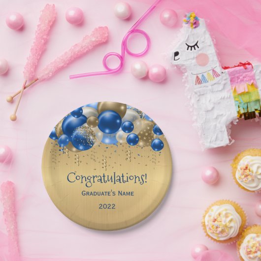 Afstuderen Trendy Blue Gold Balloons Papieren Bordje (Feest)