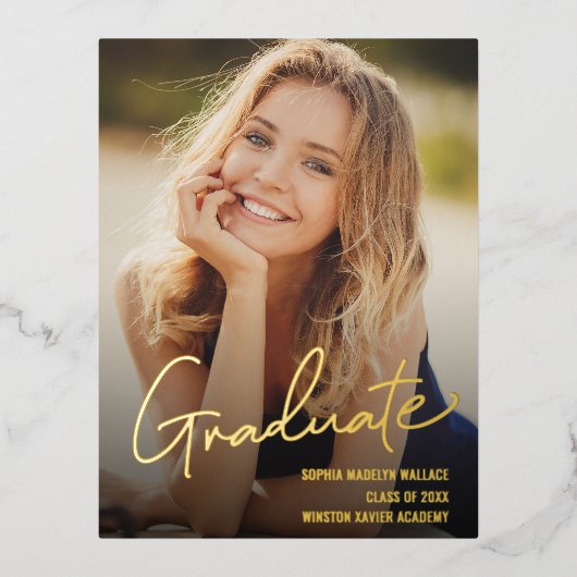Afstuderen Trendy Script-bedekking Aangepaste foto Folie Feestdagen Briefkaart (Voorkant)