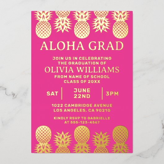 Afstuderen tropische ananas luau roze folie uitnodiging (Voorkant)