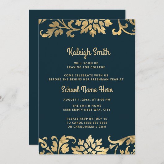 Afstuderen Trunk Party Navy Blue  Gold Kaart (Voorkant / Achterkant)