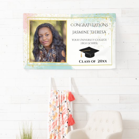 Afstuderen Turquoise Pink White Gold Confetti Spandoek (Insitu)