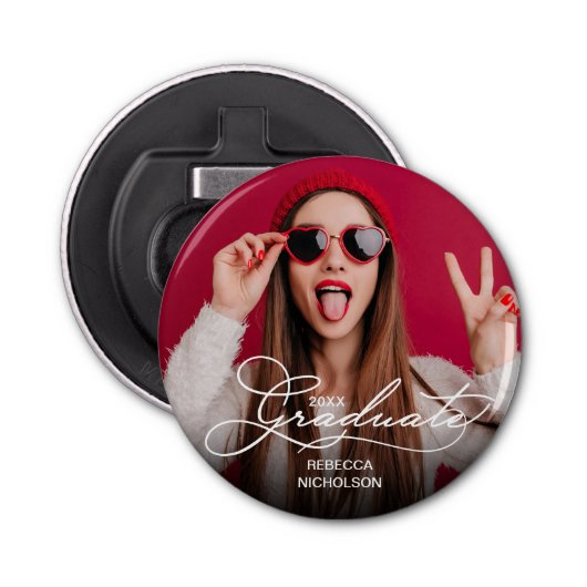 Afstuderen Typografie Foto Eenvoudig Button Flesopener (Voorkant)