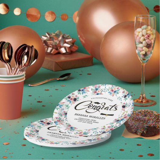 Afstuderen typografie van lentbloemen papieren bordje (Multi)