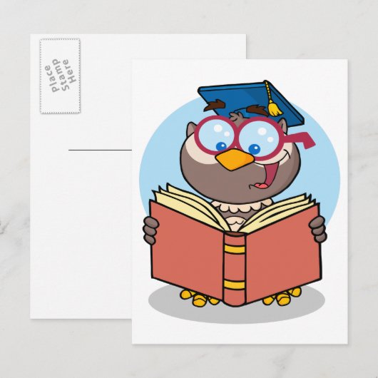 afstuderen uil een boek cartoon te lezen aankondigingskaart (Voorkant / Achterkant)