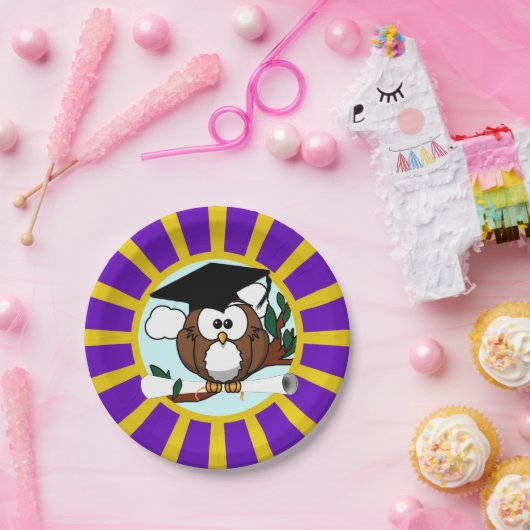 Afstuderen uil met Paarse en gouden schoolkleuren Papieren Bordje (Feest)