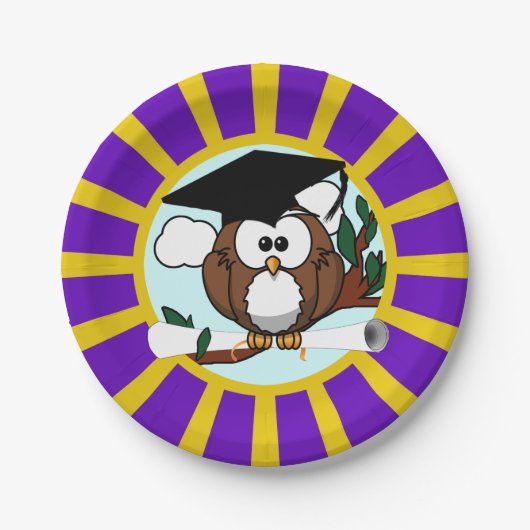 Afstuderen uil met Paarse en gouden schoolkleuren Papieren Bordje (Voorkant)