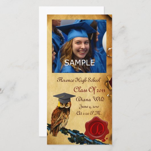 AFSTUDEREN UIL ROOD BRUIN WAX SEAL MONOGRAM AANKONDIGING (Voorkant / Achterkant)